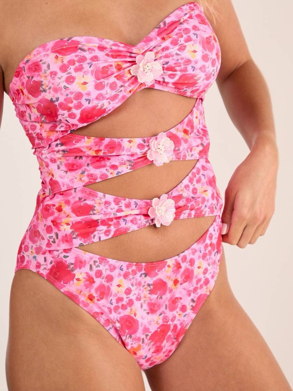 Nasty Gal Floral Trim Cut Out Bandeau One Piece Swimsuit NWT US 6 Small